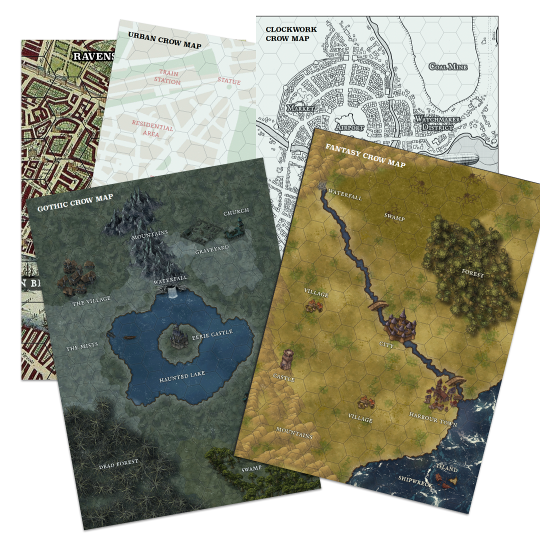 Be Like A Crow by Tim Roberts, solo RPG journalling game, free character sheets and maps