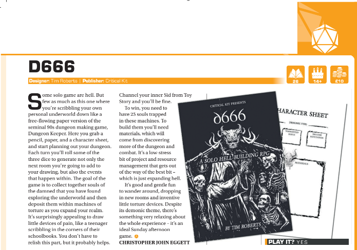 D666 dungeon building solo RPG review by Tabletop Gaming magazine.
