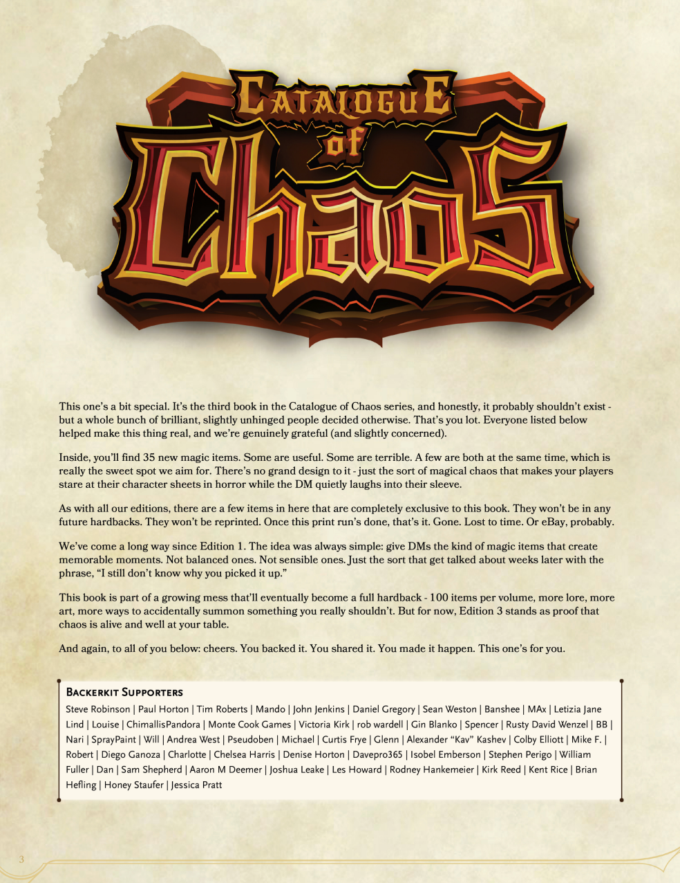 Cover of 'Catalogue of Chaos' with ornate text and design on a textured background