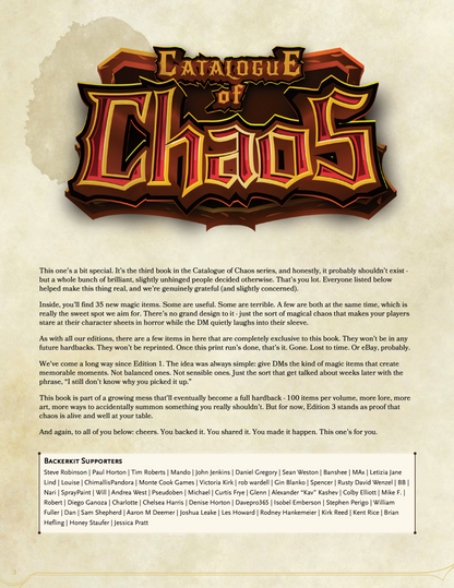Cover of 'Catalogue of Chaos' with ornate text and design on a textured background