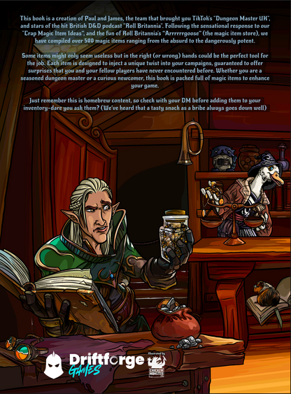 Illustration of a character in a fantasy setting with a book and jar, featuring Driftforge Games logo.