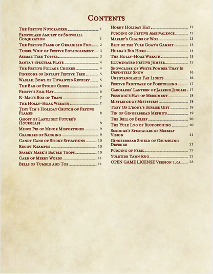 Contents page with list of items on a beige background