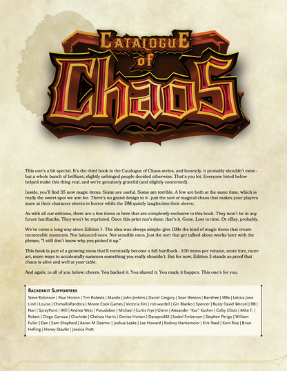 Cover of 'Catalogue of Chaos' with ornate text and design on a textured background