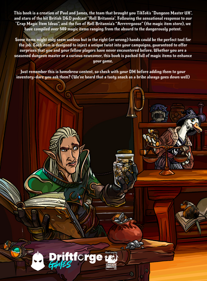 Character from a fantasy setting reading a book with Driftforge Games logo.