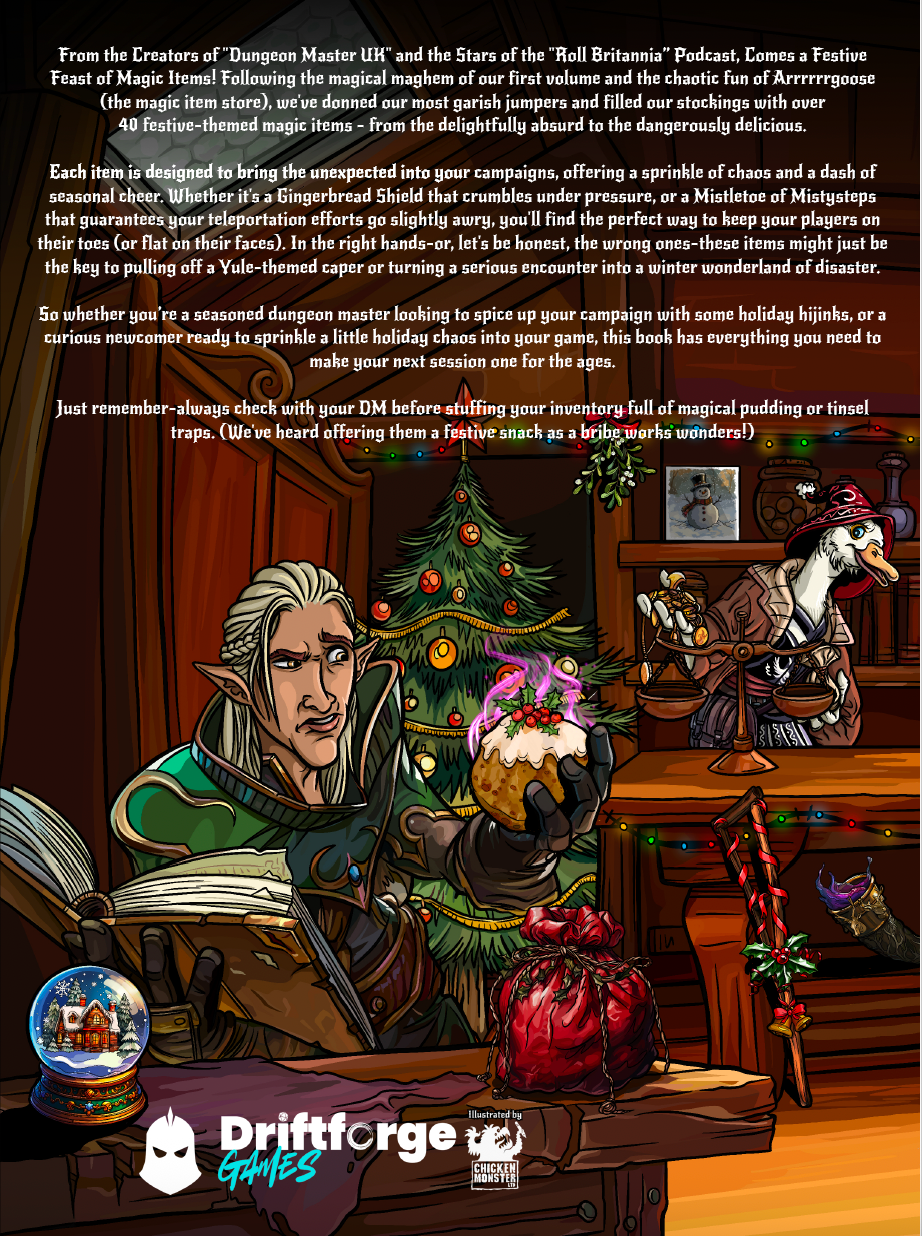 Advertisement for Driftforge Games featuring a character with pointy ears in a cozy room with Christmas decorations.
