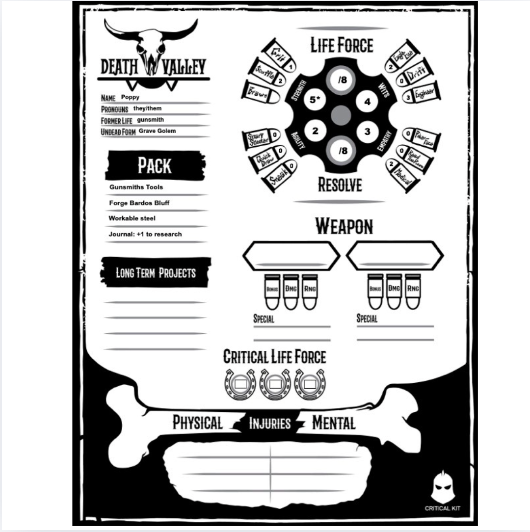 Pre generated character sheet for Death Valley

