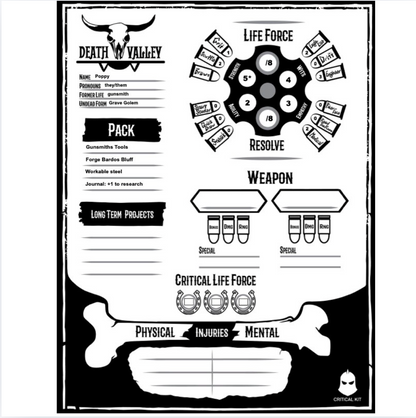 Pre generated character sheet for Death Valley
