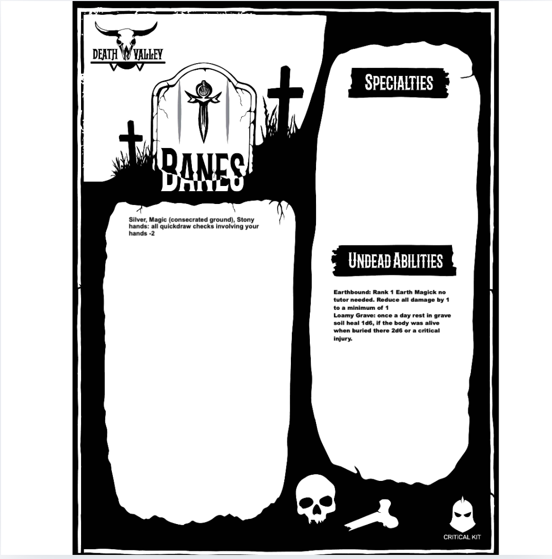 Death Valley Pre Gen Character sheet for noting banes, Specialities and Undead Abilities
