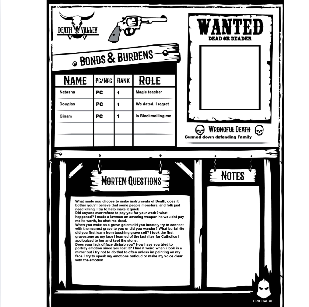Death Valley Pre Gen Character sheet to include your characters wanted post, bonds and burdens, mortem questions and notes
