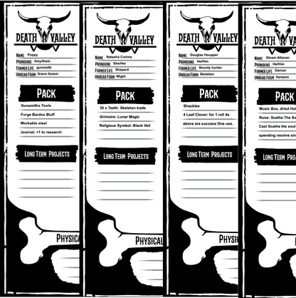 Four pre generated character sheets for the Death Valley quick start