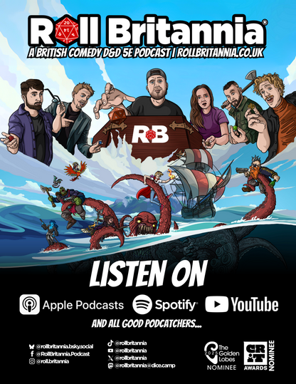 Promotional poster for 'Roll Britannia' with cartoon characters and text about a British comedy podcast.