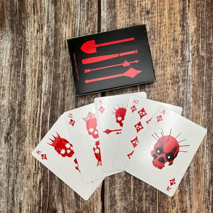 poker deck court cards which are red for the diamond suit and have skulls